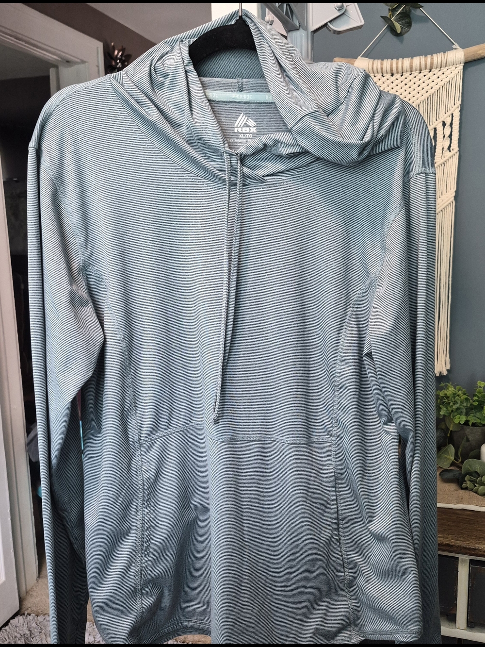 RBX Heathered Blue Striped, Moisture Wicking Top With Hood & Kangaroo Pouch